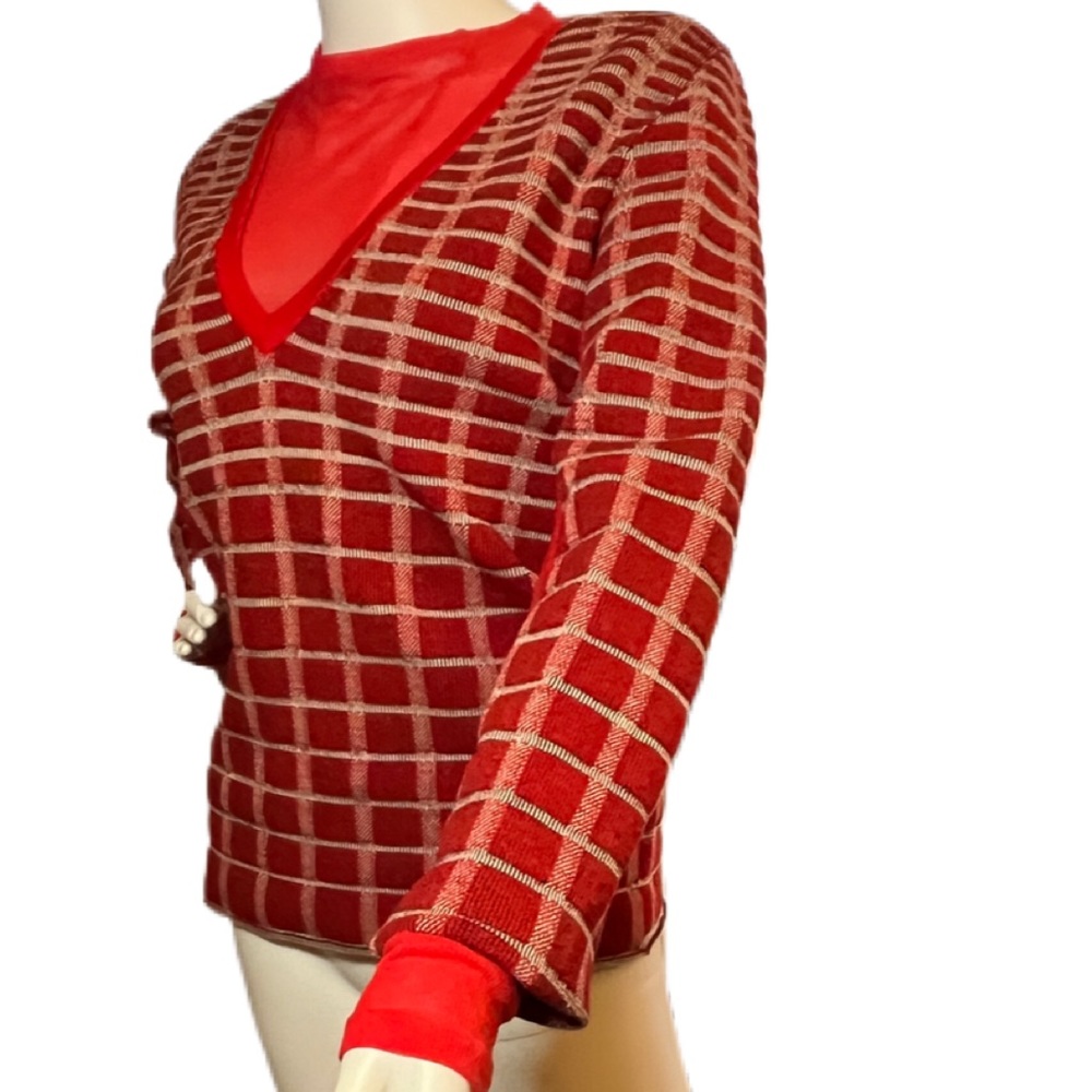 CREATURES OF THE WIND red sheer knit long sleeve front seam pullover shirt Sz M - Picture 8 of 9
